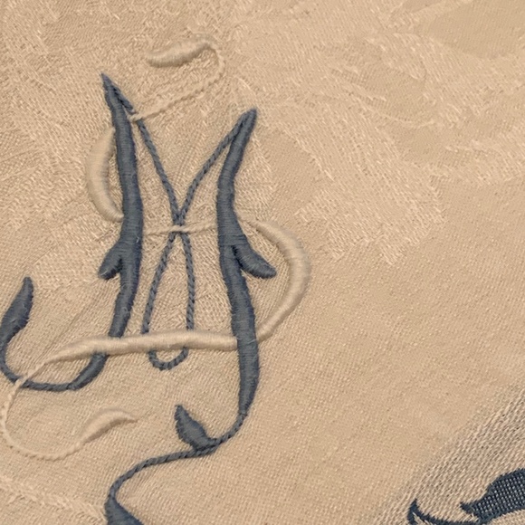 Tablecloth Damask White and Blue,  52”x52” Vintage - Picture 3 of 7